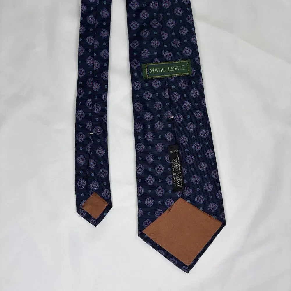 Vintage Marc Lewis Blue Medallion floral pattern Silk Necktie Formal Business